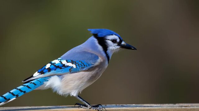 Blue jay perched on wooden railing in natural light
