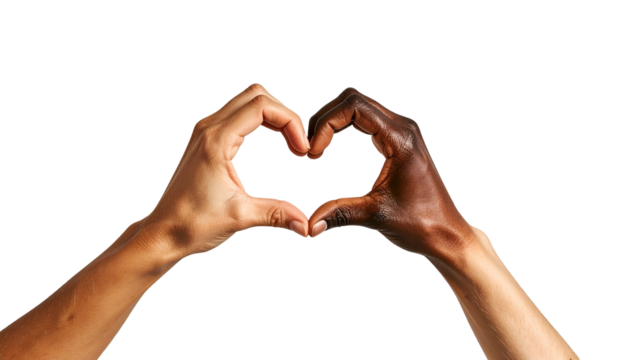 Two hands, of differing skin tones, form a heart against a black background