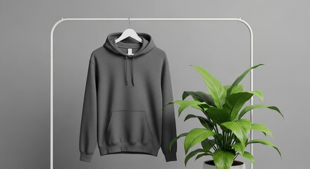 Stylish Dark Grey Hoodie Mockup Displayed on a Modern Clothing Rack, Perfect for Custom Apparel Designs, Product Branding, and Fashion Collections in a Minimalist Setting