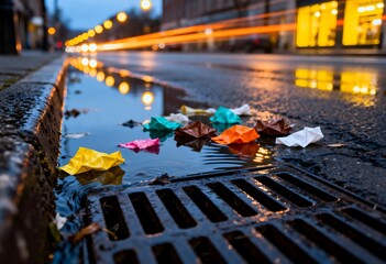 Colorful crumpled papers floating in a puddle near a sewer drain on a city street at night