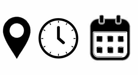 Location, time and calendar icons isolated on white background