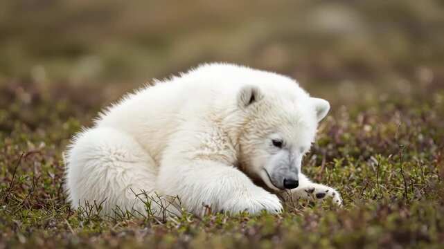 Polar bear cub lying on tundra with raised paw