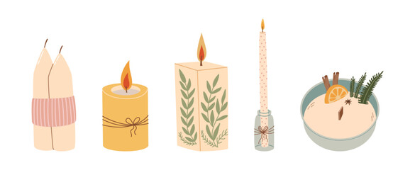 Set of cozy decorative candles in flat style. Hand drawn vector illustration of scented and botanical candles with herbs, orange, and cinnamon. Perfect for home decor, hygge and relaxation themes.