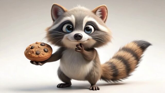 Cartoon raccoon holding cookie with surprised expression