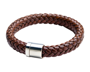 Stylish brown braided leather bracelet with silver clasp on black background