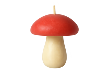 Red-capped wooden mushroom with beige stem, smooth craft on transparent background