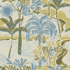 summer tropical garden floral leaves illustration background seamless pattern repeat print textile fabric vector artwork. watercolors natural 