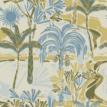 summer tropical garden floral leaves illustration background seamless pattern repeat print textile fabric vector artwork. watercolors natural 