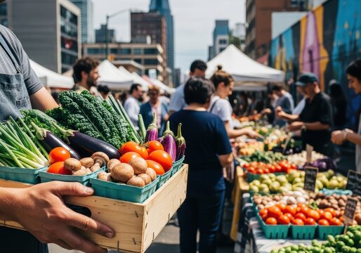 person holds crate of fresh vegetables at bustling city farmers' market. focus on local, organic produce. healthy eating and sustainable urban living. blog, website, social media.
