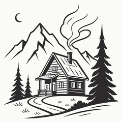 Naklejka premium Cabin in the mountains with smoke coming from the chimney