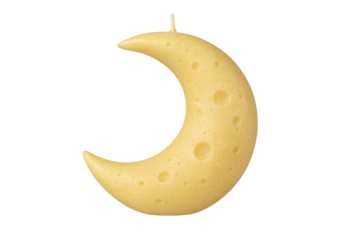 Yellow crescent moon-shaped candle with porous, cheese-like surface and wick