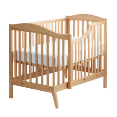 A wooden crib with a white mattress, a traditional design, and vertical slats