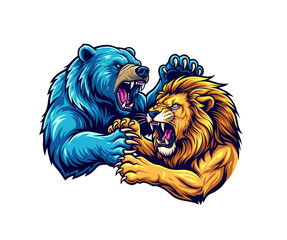 Aggressive blue bear and golden lion fighting, a powerful mascot logo illustration showcasing rivalry and intense conflict.