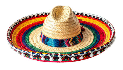 A vibrant, wide-brimmed straw hat with colorful woven details, placed on a black background