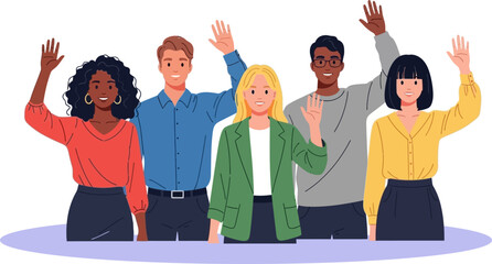 Multinational team. Vector illustration of diverse young adults standing in a line and waving their hands. Isolated on background