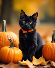 Black Cat in Halloween Collar Among Pumpkins