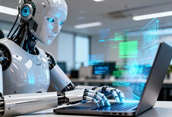 White humanoid robot typing code on a laptop, interacting with a glowing futuristic interface in a modern office setting.