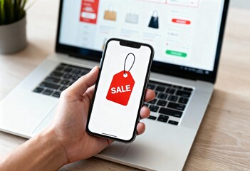 Close-up of a hand holding a smartphone with a prominent red SALE tag graphic, placed over a laptop displaying an e-commerce website.