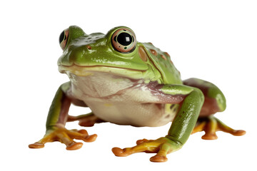 Obraz premium A vibrant green tree frog with large eyes and orange toes sits facing forward. Its smooth skin glistens, showcasing amphibian beauty. background removed