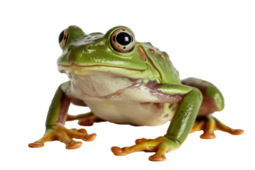 A vibrant green tree frog with large eyes and orange toes sits facing forward. Its smooth skin glistens, showcasing amphibian beauty. background removed