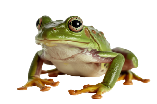 A vibrant green tree frog with large eyes and orange toes sits facing forward. Its smooth skin glistens, showcasing amphibian beauty. background removed