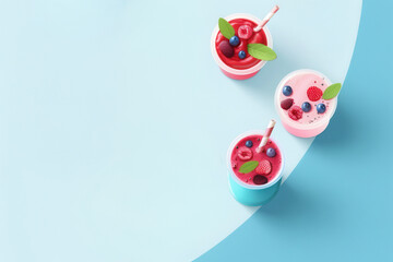 Colorful fruit smoothie cups with fresh berries on a blue background