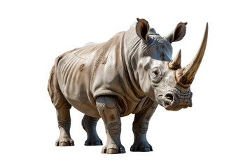 Obraz premium A detailed, majestic white rhinoceros stands prominently against a simple transparent background. Its impressive horns and textured skin are clearly visible. background removed