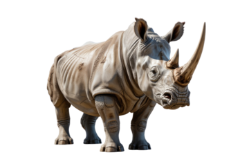 A detailed, majestic white rhinoceros stands prominently against a simple transparent background. Its impressive horns and textured skin are clearly visible. background removed