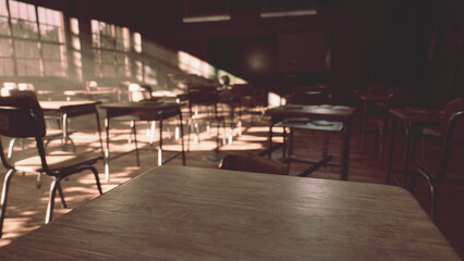 Sunlight filters through large windows in a silent classroom, illuminating empty desks. Shadows stretch across the wooden floor, creating a tranquil atmosphere of learning and reflection.