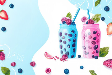 Colorful berry smoothie jars with fruit and leaves on table