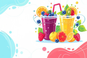 Colorful fruit juice drinks with strawberries, blueberries, kiwis, and oranges
