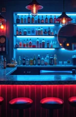 Wandcirkels Bar Stylish bar interior with neon lights. Bottles on shelves bar counter and stools. Modern design for lounge or nightclub. Nightlife atmosphere with lighting.  © miss irine