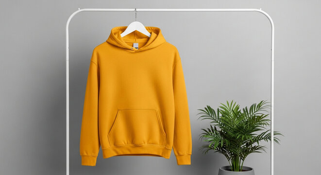 Stylish mustard yellow pullover hoodie mockup hanging on a white rack against a gray background. Apparel template for showcasing clothing design