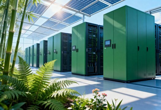 Sustainable data center blending technology with lush greenery, featuring server racks under solar panels. - Powered by Adobe
