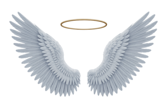 A divine image featuring a pair of beautifully rendered white angel wings paired with a radiant golden halo, evoking purity and spirituality. background removed