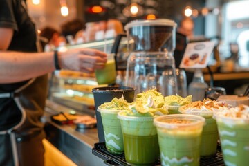 Busy cafe scene with green matcha lattes and barista preparing drinks