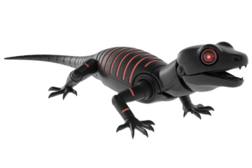 A sleek, black robotic lizard with glowing red eyes and ribs, presenting a futuristic and menacing sci-fi creature on a solid transparent background. background removed