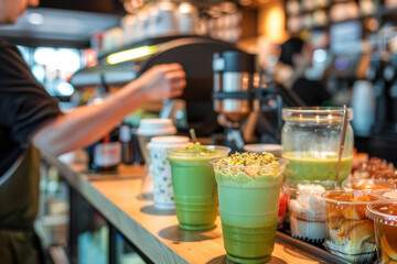 Barista crafting matcha drinks in busy cafe environment