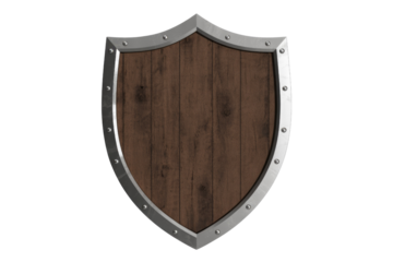 A medieval style wooden shield with a detailed metal border and rivets, perfect for games, fantasy themes, or historical projects. background removed