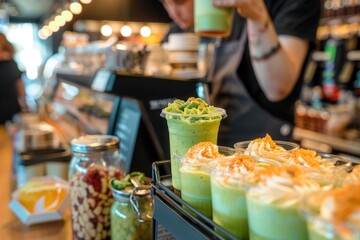 Asian male barista preparing matcha frappes in bustling coffee shop