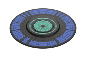 A futuristic circular device featuring blue modular panels and a glowing teal-green central grid, resembling a sci-fi energy hub or advanced drone component. background removed