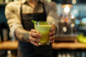 Barista offers refreshing green smoothie in modern cafe setting
