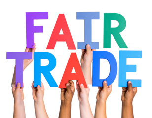 Diverse hands uplift 'FAIR TRADE' in bold, colorful letters against a stark black backdrop