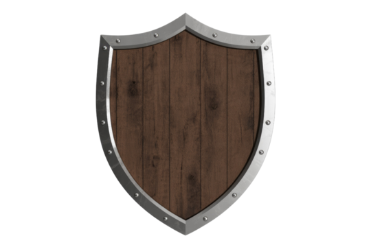 A medieval style wooden shield with a detailed metal border and rivets, perfect for games, fantasy themes, or historical projects. background removed