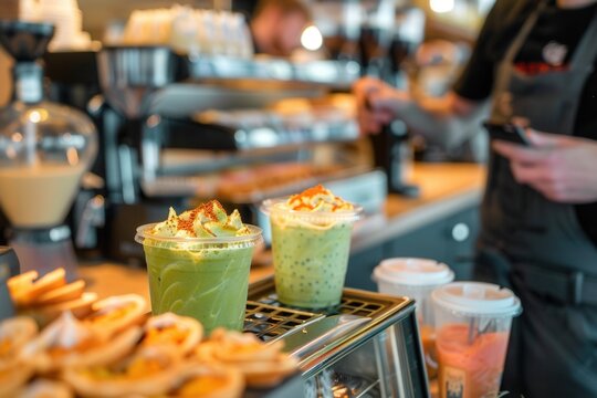 Coffee shop atmosphere with green beverages and desserts on counter