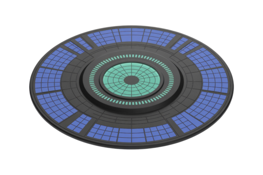 A futuristic circular device featuring blue modular panels and a glowing teal-green central grid, resembling a sci-fi energy hub or advanced drone component. background removed