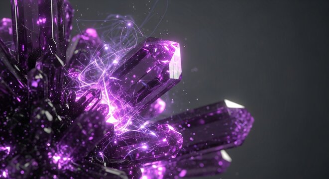 Vibrant purple crystal cluster glowing with intricate energy patterns against a dark background, showcasing its natural beauty and luminescence.