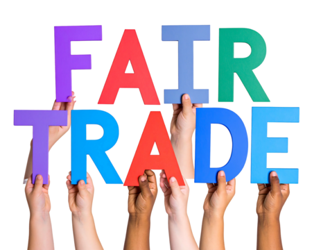 Diverse hands uplift 'FAIR TRADE' in bold, colorful letters against a stark black backdrop