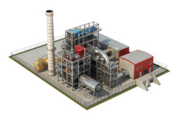 Isometric 3D render of an industrial power plant or processing facility featuring a tall chimney, intricate machinery, and buildings. background removed