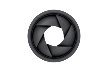 A minimalistic 3D render of a dark gray camera aperture with six blades, slightly open, centered on a solid transparent background. background removed